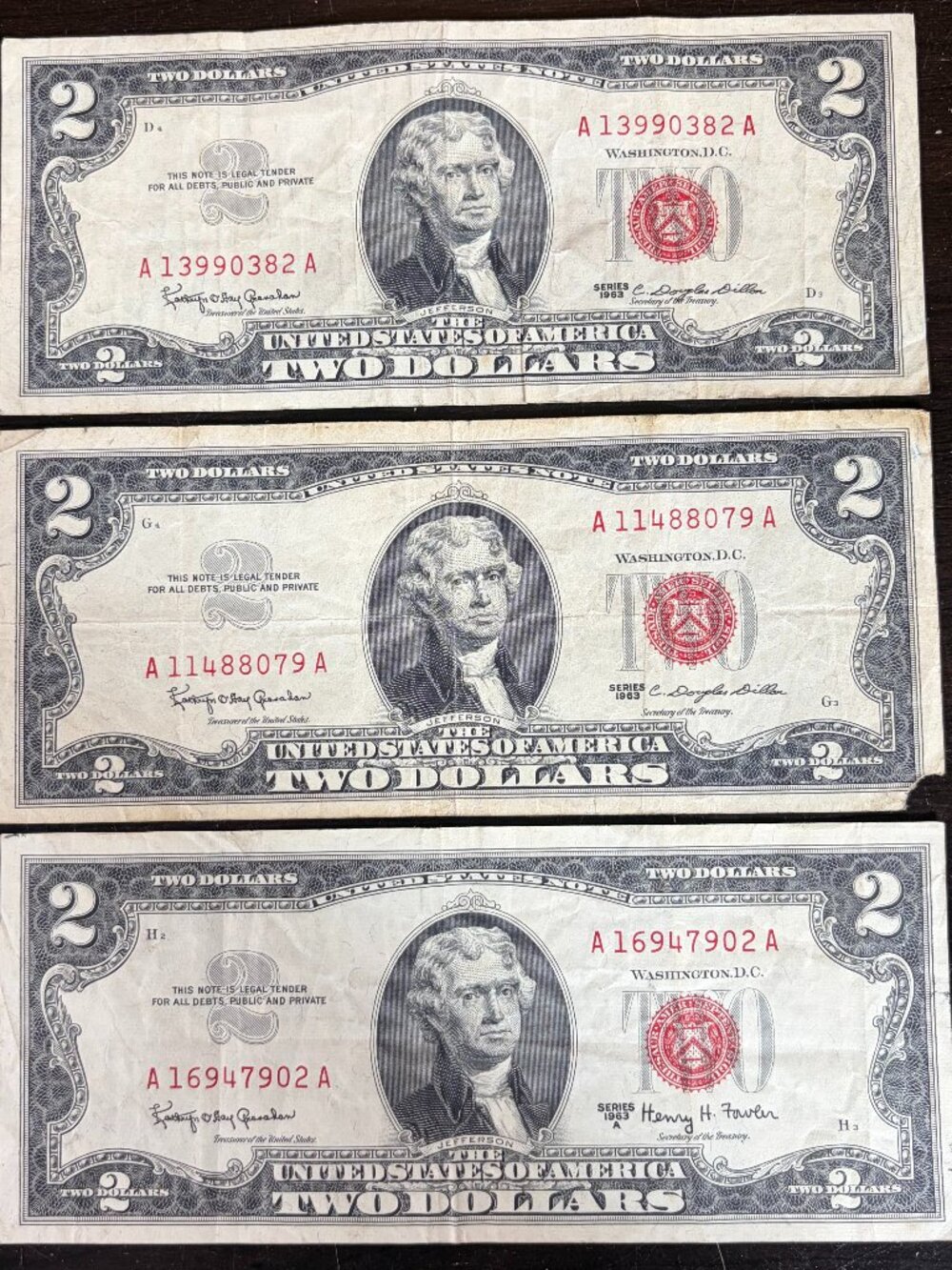 Lot 3 Vtg United States 1953/1953A/1953B $2 Bills Red Seal Circulated Currency